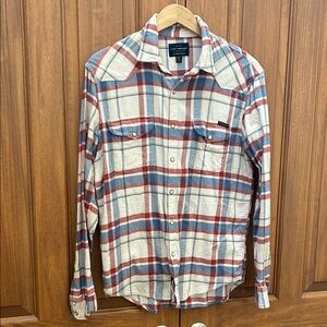Lucky Brand Casual Plaid Shirt in Red, Blue, and Cream size medium